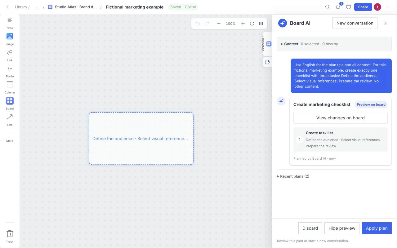 Actual Board AI review showing proposed steps and Apply controls beside the working board
