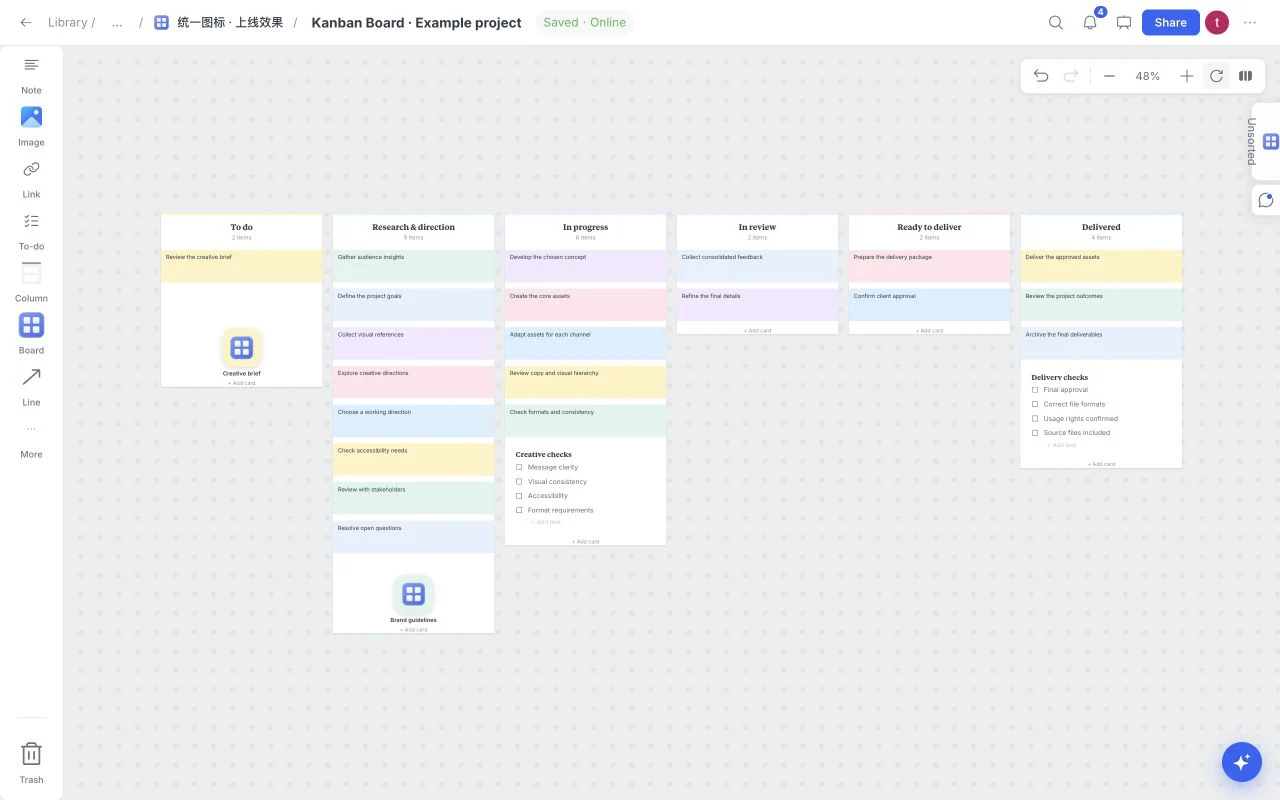 Actual Kanban Board template in Moodboard, with workflow columns, backlog, cards, task checklists