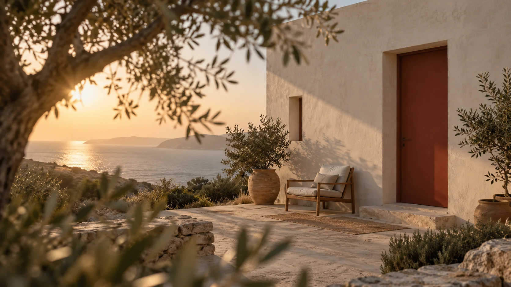 Original editorial coastal-house reference with warm light, cream plaster and a rust-red door